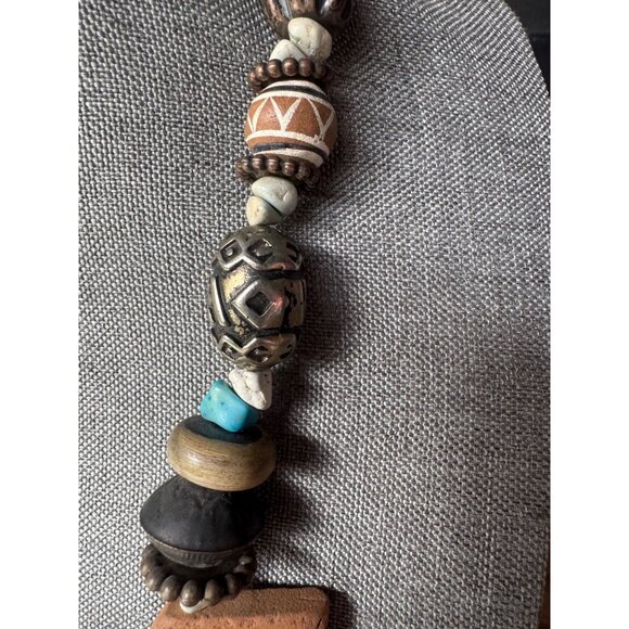 Handcrafted Boho Tribal Necklace With Bull Head Pendant Mixed Beads & Turquoise - Picture 4 of 6
